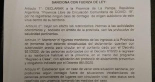 Diputados de Propuesta Federal pidieron declarar como «Provincia Libre de Circulación Comunitaria de COVID-19” a La Pampa